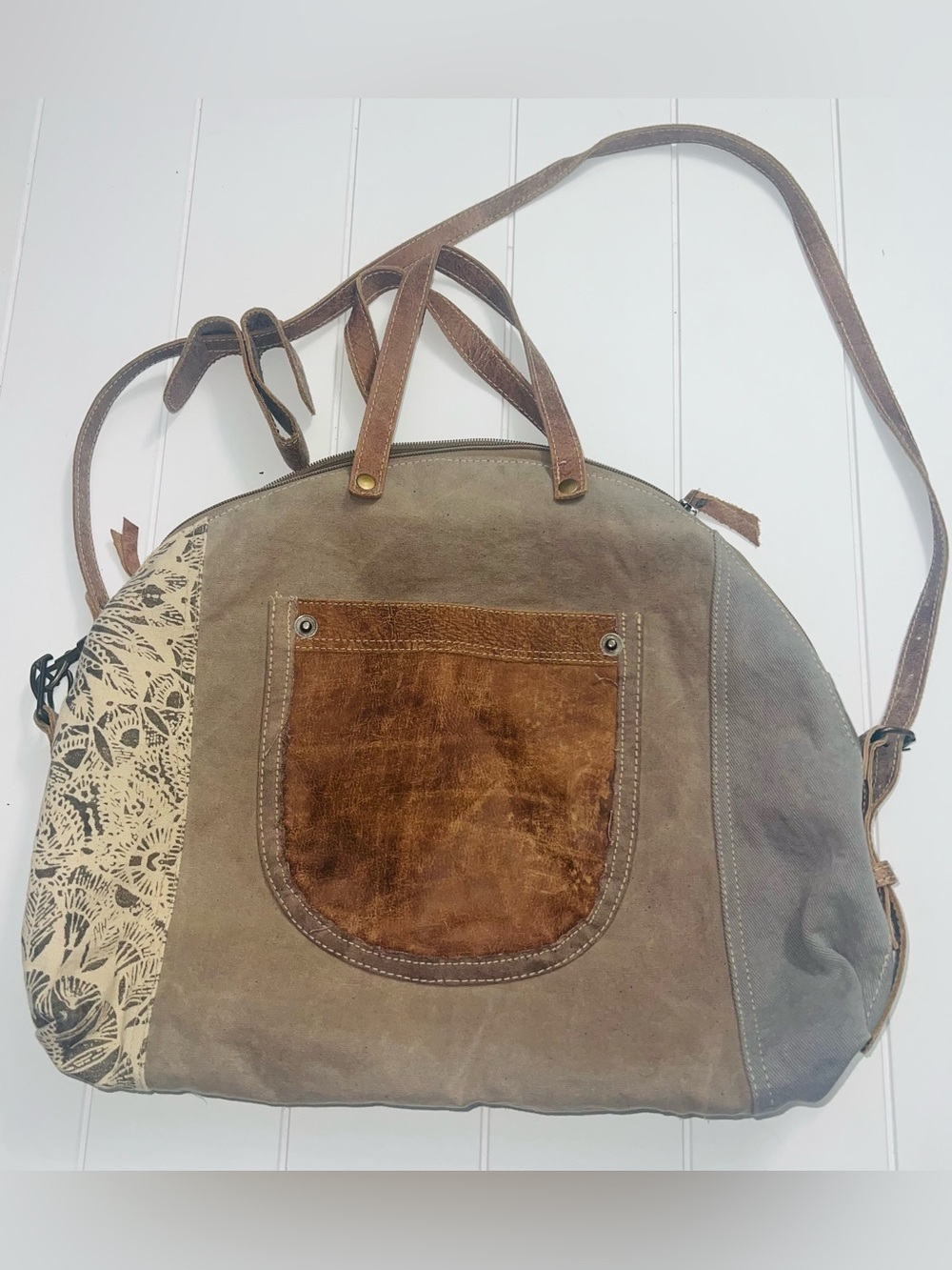 Myra Bag Lacy Flowering Upcycled Canvas Leather Bowler Crossbody Bag Boho